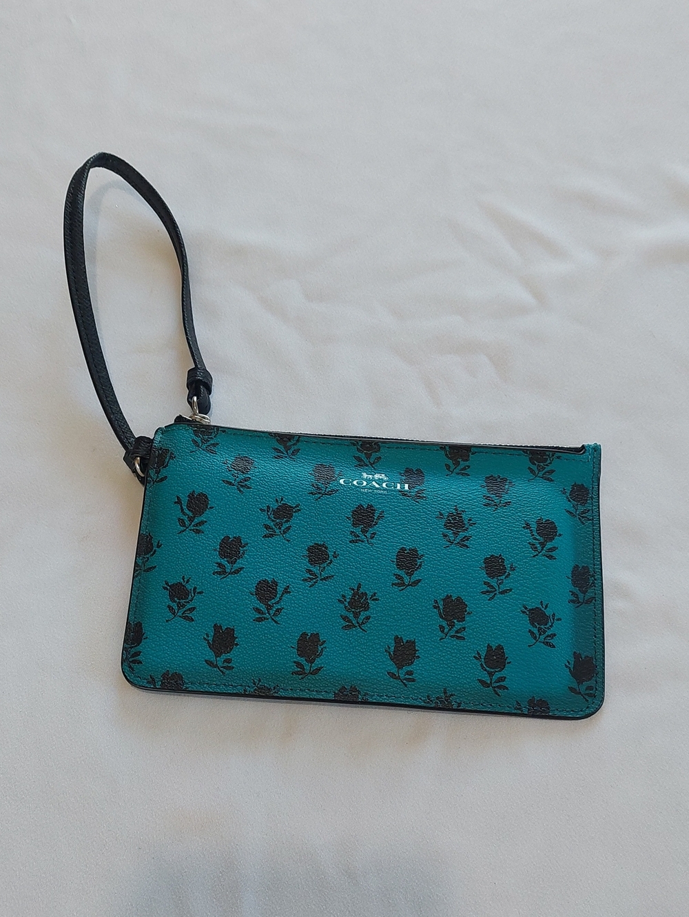 Coach Teal Wristlet with Black Rose Print
